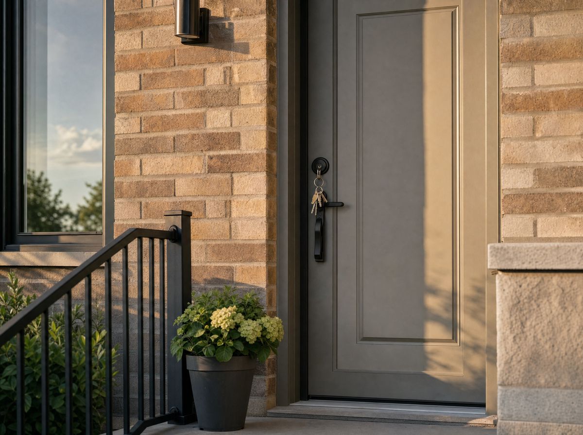 A modern townhouse front door in warm late-afternoon light, a key in the deadbolt.