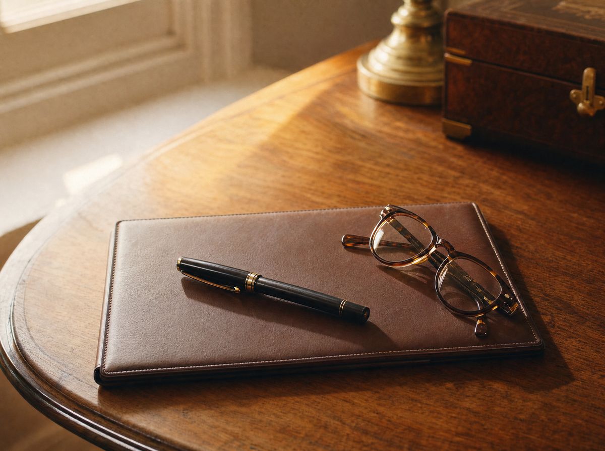 A closed leather folio, a fountain pen and reading glasses on a warm signing table in morning light.