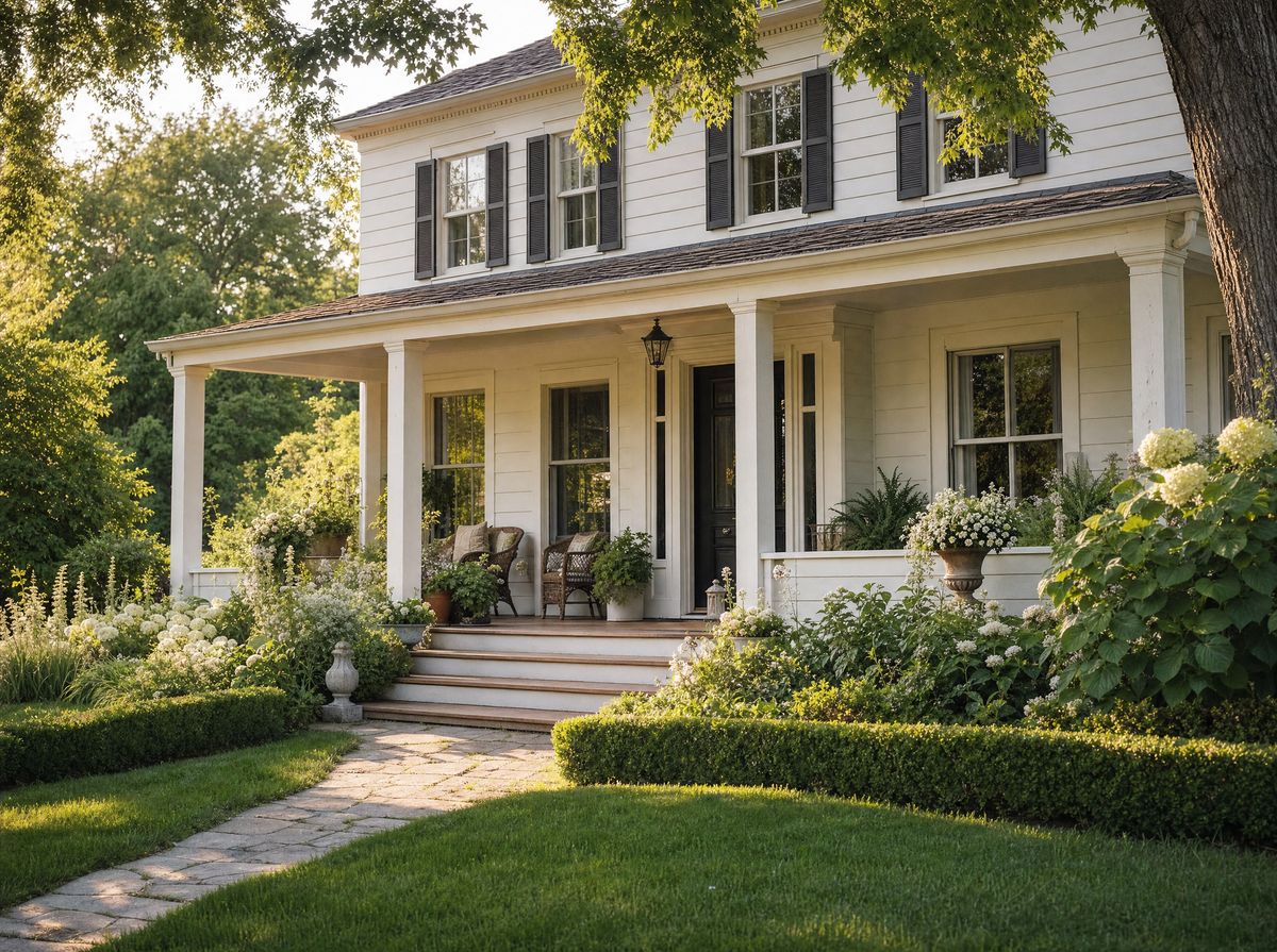 A Niagara-on-the-Lake heritage home with a covered porch and mature garden, warm afternoon light.