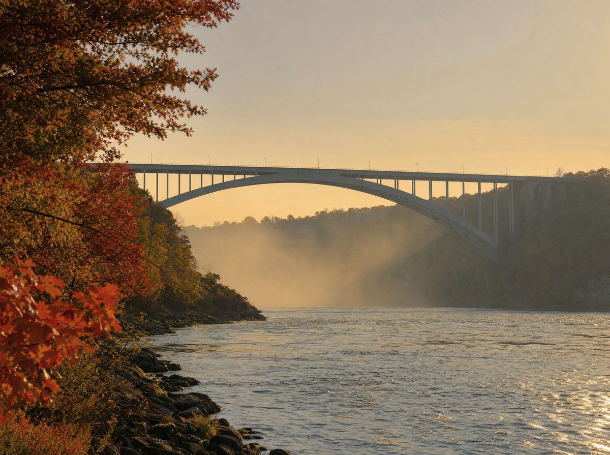 The Rainbow Bridge over the Niagara River seen from the Canadian shore in late-afternoon light.
