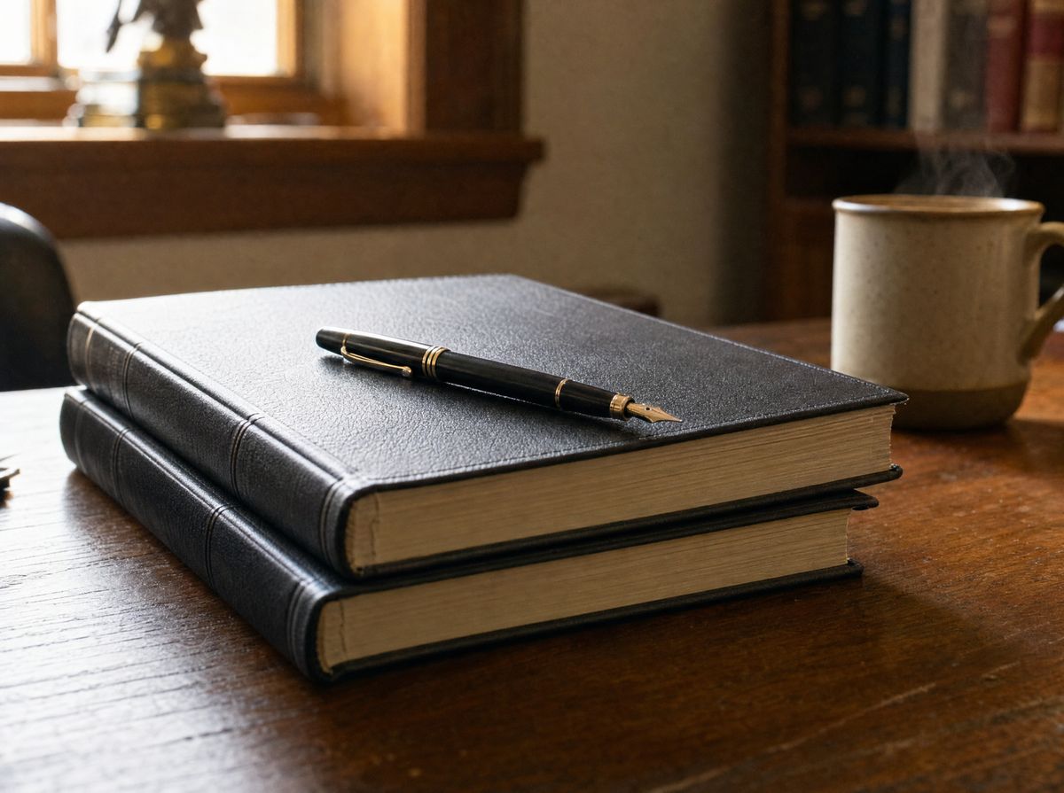 A stack of leather-bound minute books on a warm desk, a fountain pen resting on top.