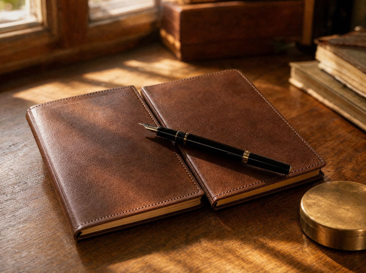 Two closed leather folios side by side on a warm desk with a fountain pen across them.