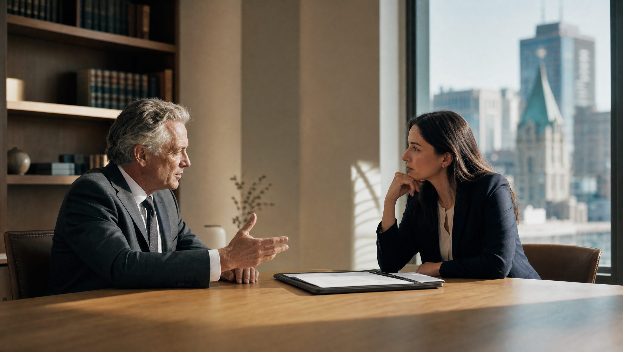 Two RadLaw lawyers reviewing a document at a signing table by a Niagara Falls window