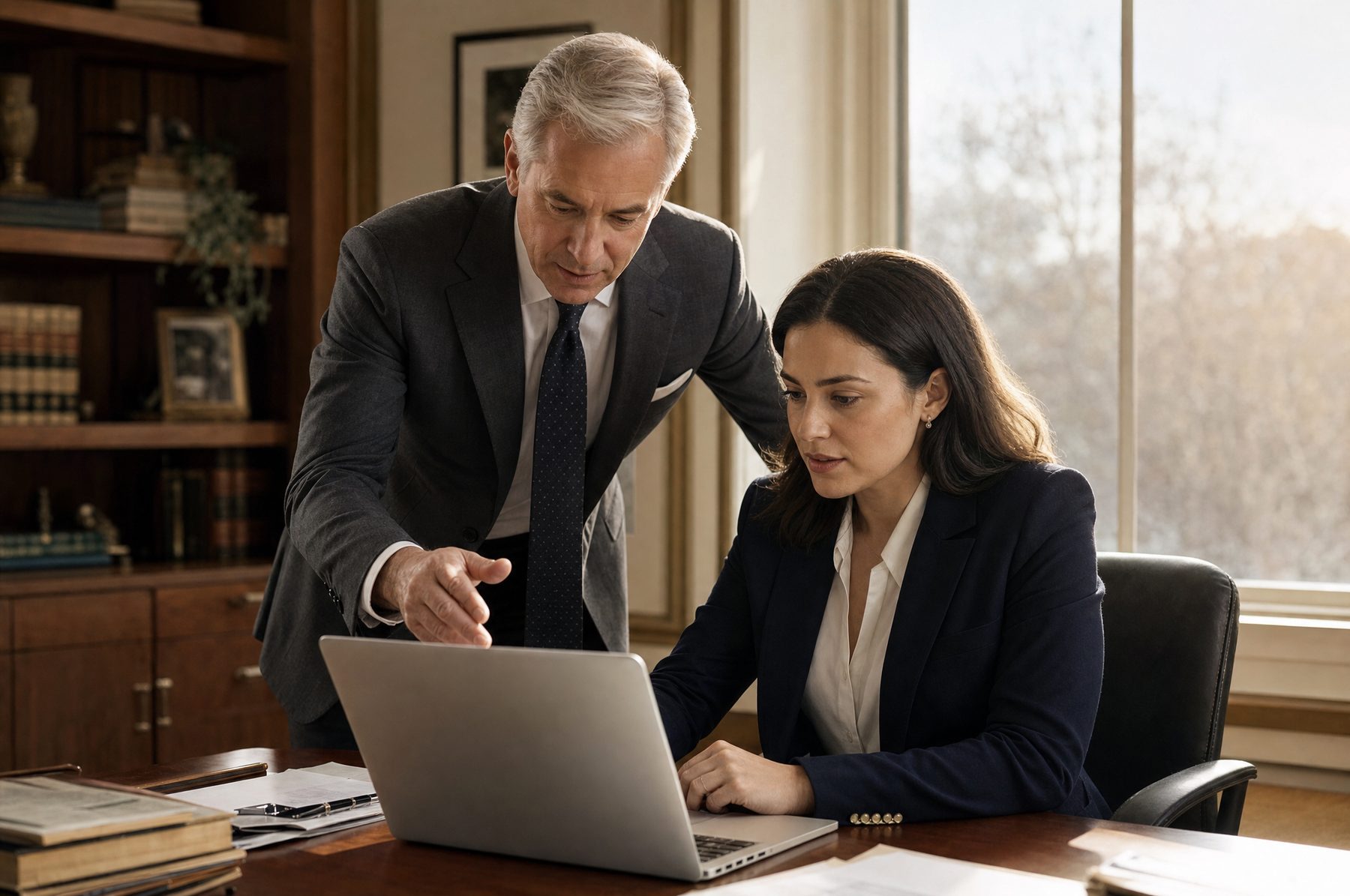 George and Alexis Radojcic at the office desk, mid-review