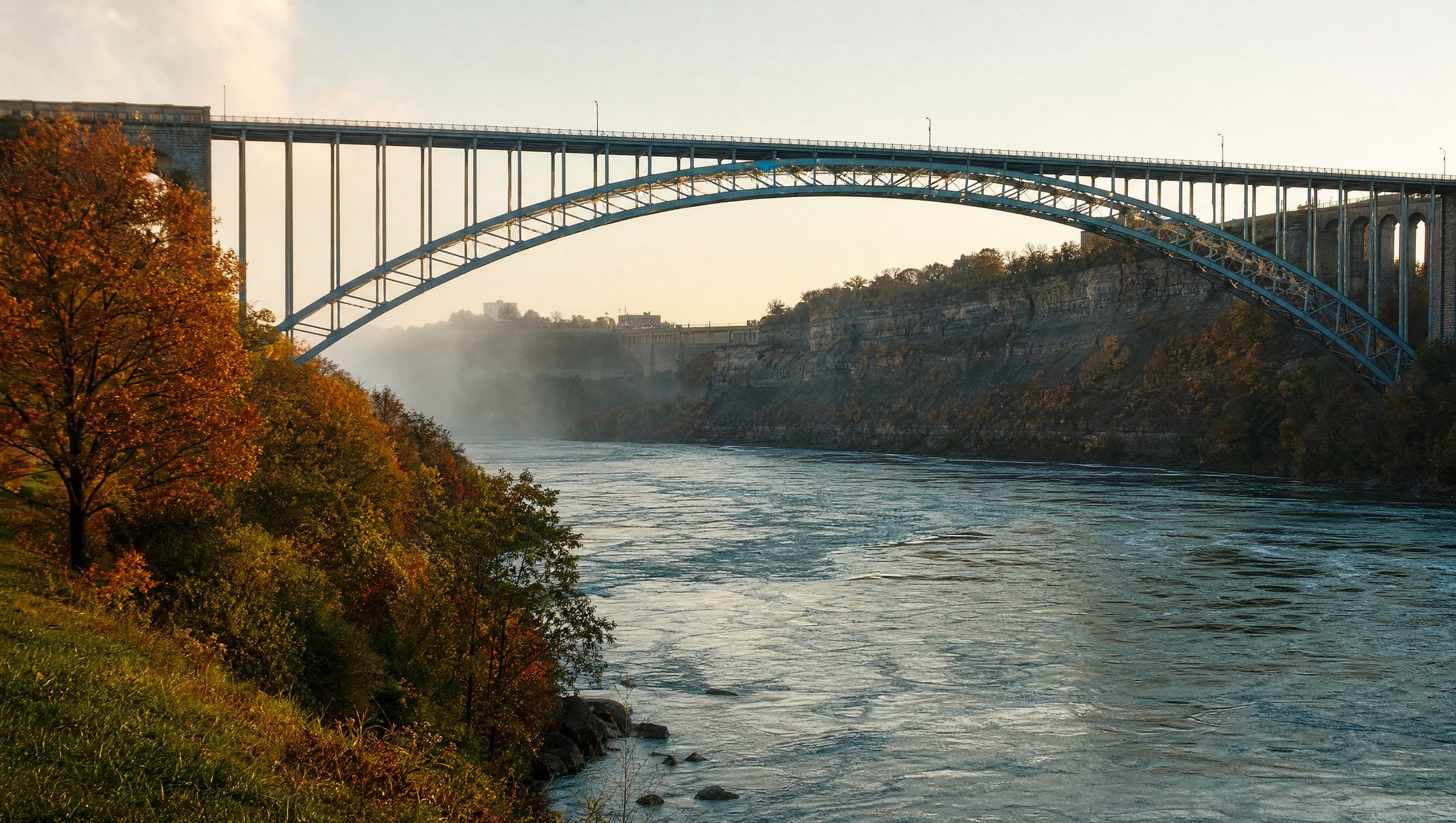 The Rainbow Bridge and Niagara gorge on a clear afternoon