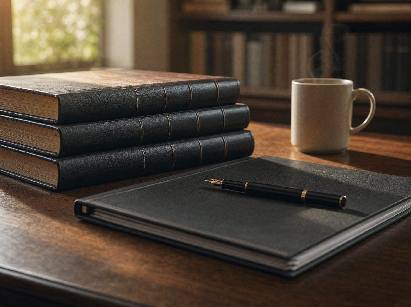 A stack of bound legal minute books on a warm desk, a fountain pen resting on top, morning light