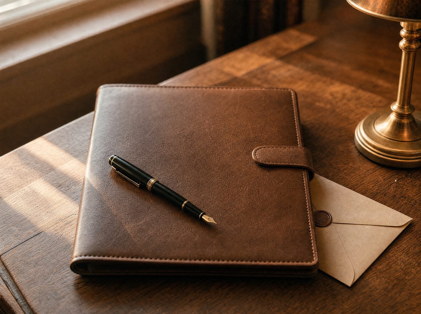 A closed leather folio, a fountain pen, and a sealed envelope on a warm desk in morning light