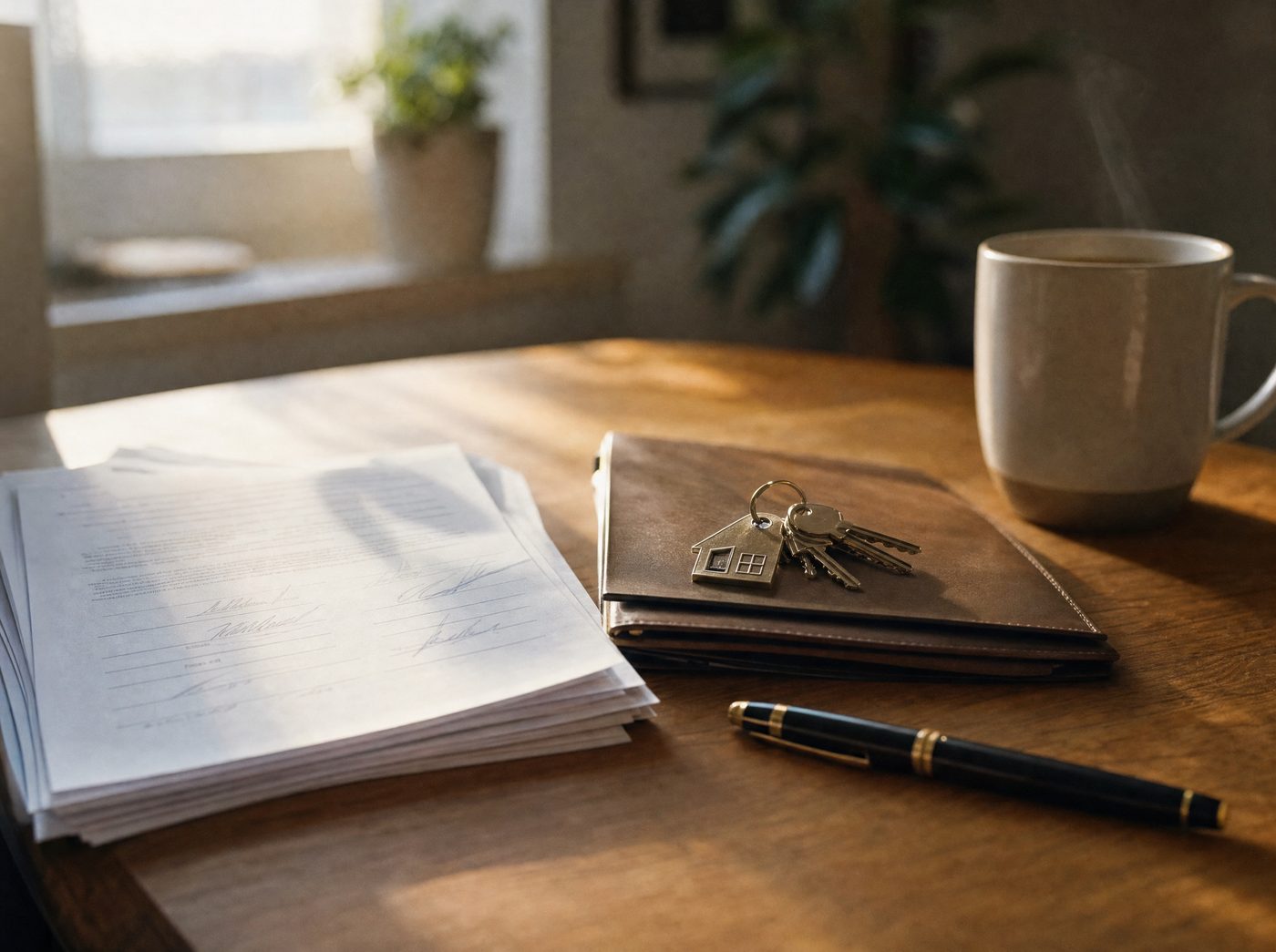 A folio of house-closing documents, a set of keys and a pen on a desk in warm morning light